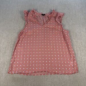 Talbots Sleeveless Top Women's L Petite Geometric Red Blue 100% Cotton Blouse